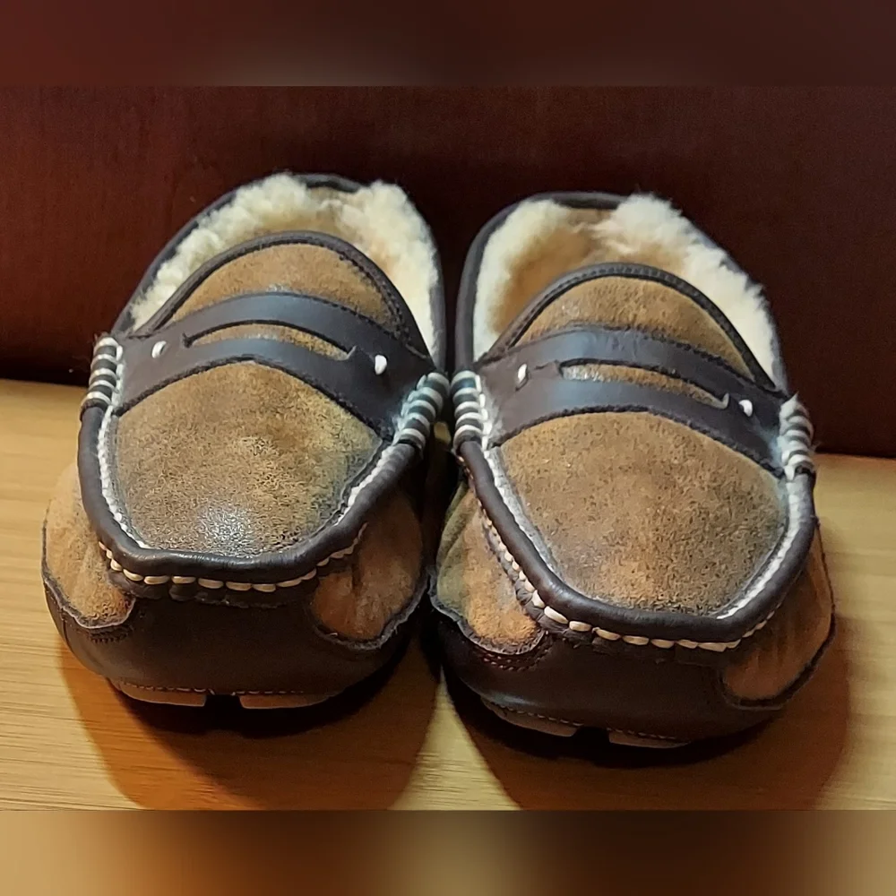 OVERLAND MEN'S DYED & TIPPED SHEEPSKIN LEATHER & FUR LINED PENNY LOAFERS SIZE 10 - Picture 4 of 16